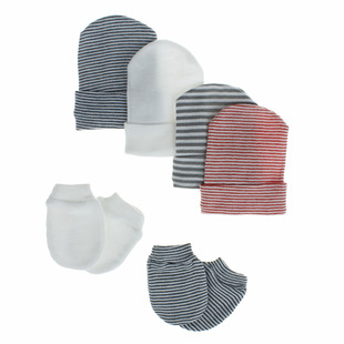 欧美新款 婴儿胎帽 3月单层条纹帽子手套两件套跨境货源 新生儿0