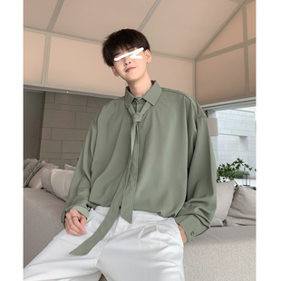 韩版 潮流百搭外套 长袖 studios 男士 衬衫 带领带纯色休闲秋冬季