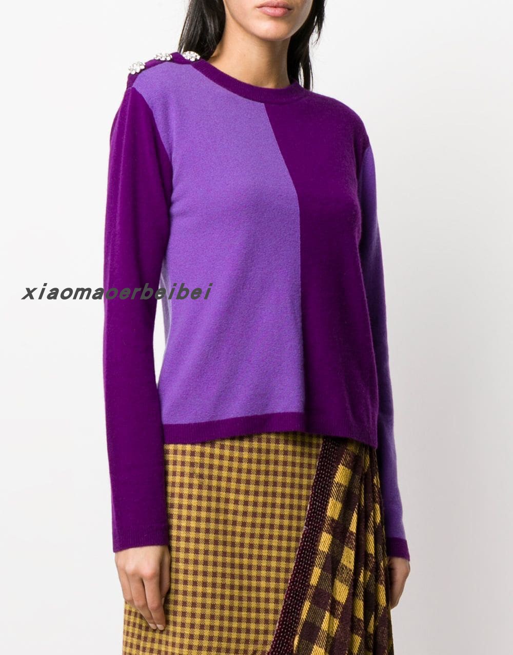 Ganni紫色拼色纯羊绒钻扣肩章套头毛衣羊绒针织衫 小猫儿美国代购