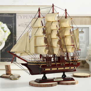 饰手工送人礼品 地中海木质帆船模型摆件实木仿真工艺船酒吧装