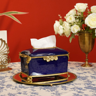 桌面抽纸盒纸巾盒 客厅长方形陶瓷配黄铜轻奢创意带盖餐巾盒 欧式