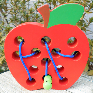 益智力开发木制儿童早教教具大号毛毛虫吃水果串珠玩具立体穿线板