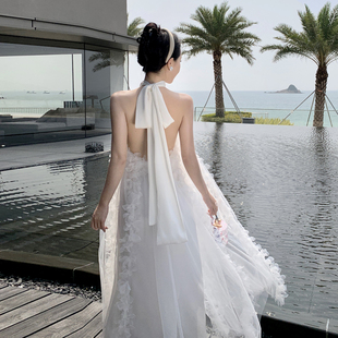 超仙立体花朵白色露背裙轻婚纱礼服小众设计感网纱晨袍度假连衣裙