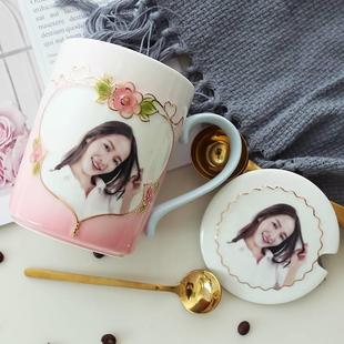 DIY创意定制照片马克杯子玫瑰陶瓷情侣水杯非变色杯带盖生日礼物