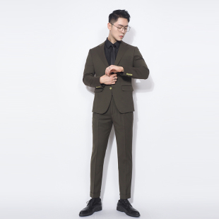 韩版 川泽男士 修身 军绿色西装 单排扣套西轻商务西服套装 二件套新款