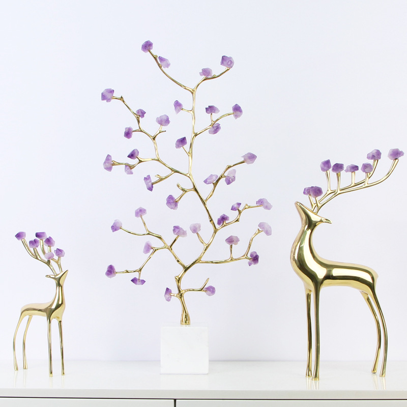 美式 轻奢金色黄铜树枝紫水晶摆件样板间客厅玄关装 饰品 饰摆设装