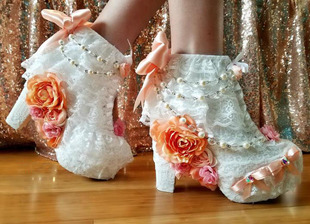 新娘靴子 Lace◇手作精致白色蕾丝桃红色玫瑰蝴蝶结高跟鞋 美国代购