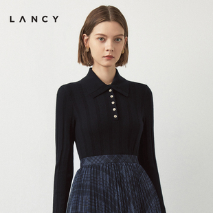 新款 LANCY 女高级毛衣奥莱 翻领收腰长袖 朗姿羊毛针织衫 打底衫 冬季