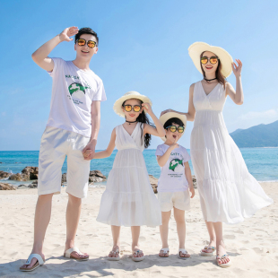 亲子装 夏装 连衣裙白色超仙洋气长裙 一家三口海边度假沙滩裙母女装