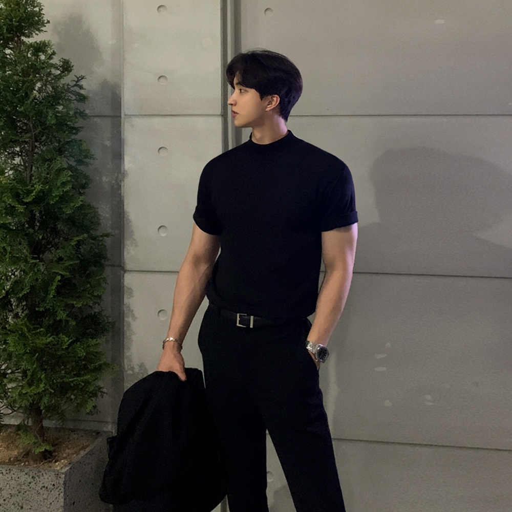 短袖 MRCYC韩版 体恤潮 夏季 半高领针织T恤男士 高级薄款 纯色百搭修身