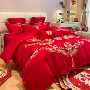 高档奢华龙凤刺绣全棉婚庆四件套大红色被套纯棉喜被结婚床上用品