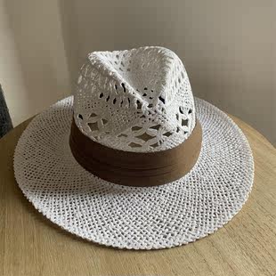 白色礼帽镂空巴拿马草帽遮阳大沿防晒帽子女爵士帽 夏季