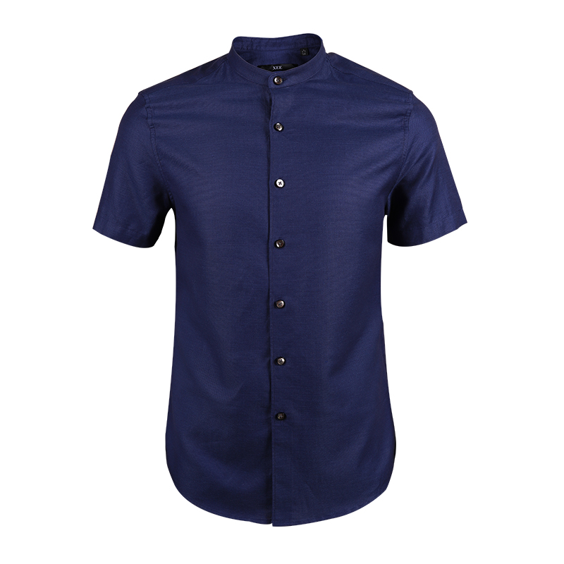 衬衫 商场同款 男士 XEE男装 短袖 深蓝色纯色小立领干净时尚 新款
