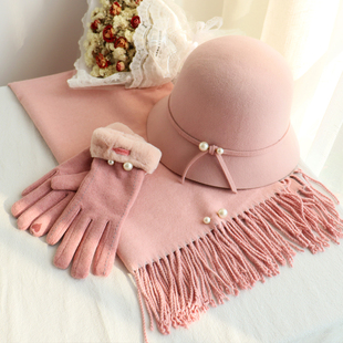 可爱粉色系三件套用心送礼 帽子围巾手套三件套女韩版 2022新秋冬季
