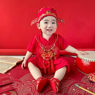 男宝宝一周岁宴礼服红色短袖 男童中国风抓周衣服夏季 套装 婴儿唐装