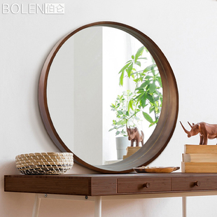 饰镜梳妆台化妆镜子 北欧圆镜子带置物架实木浴室镜卫生间装 BOLEN
