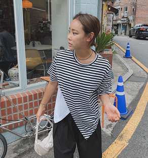 Cmy korea韩国东大门代购 简约条纹不规则T恤女 女装