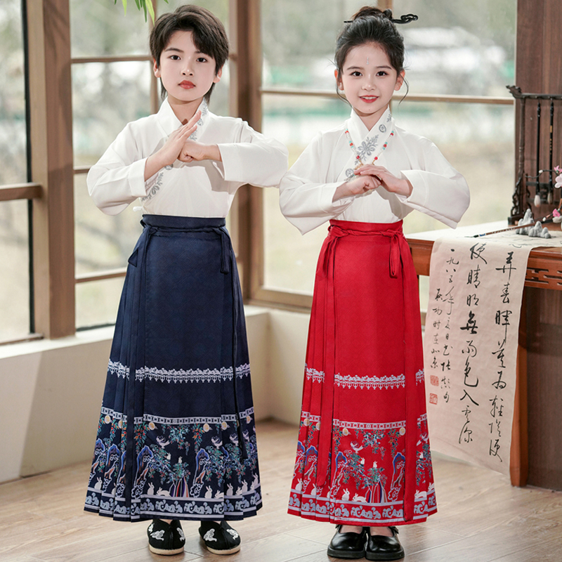 儿童马面裙男童女童国学汉服中国风演出服改良唐装 春长袖 日常套装