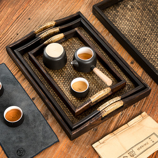 泰国茶盘美容院藤编放茶杯长方形小托盘家用木质复古竹编茶托盘