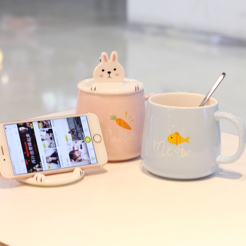 杯子 少女个性 创意动物手机支架陶瓷马克杯带盖勺卡通可爱水杯韩版