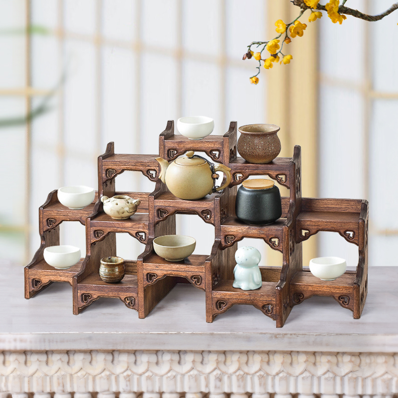 台桌面茶壶展示紫砂壶摆放架子茶具置物架摆件 小型博古架实木中式