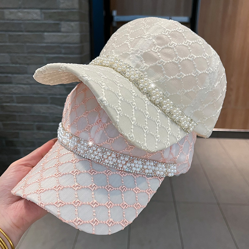 夏季 女士棒球帽子时尚 珍珠镂空网纱鸭舌帽软顶透气遮阳帽女 薄款
