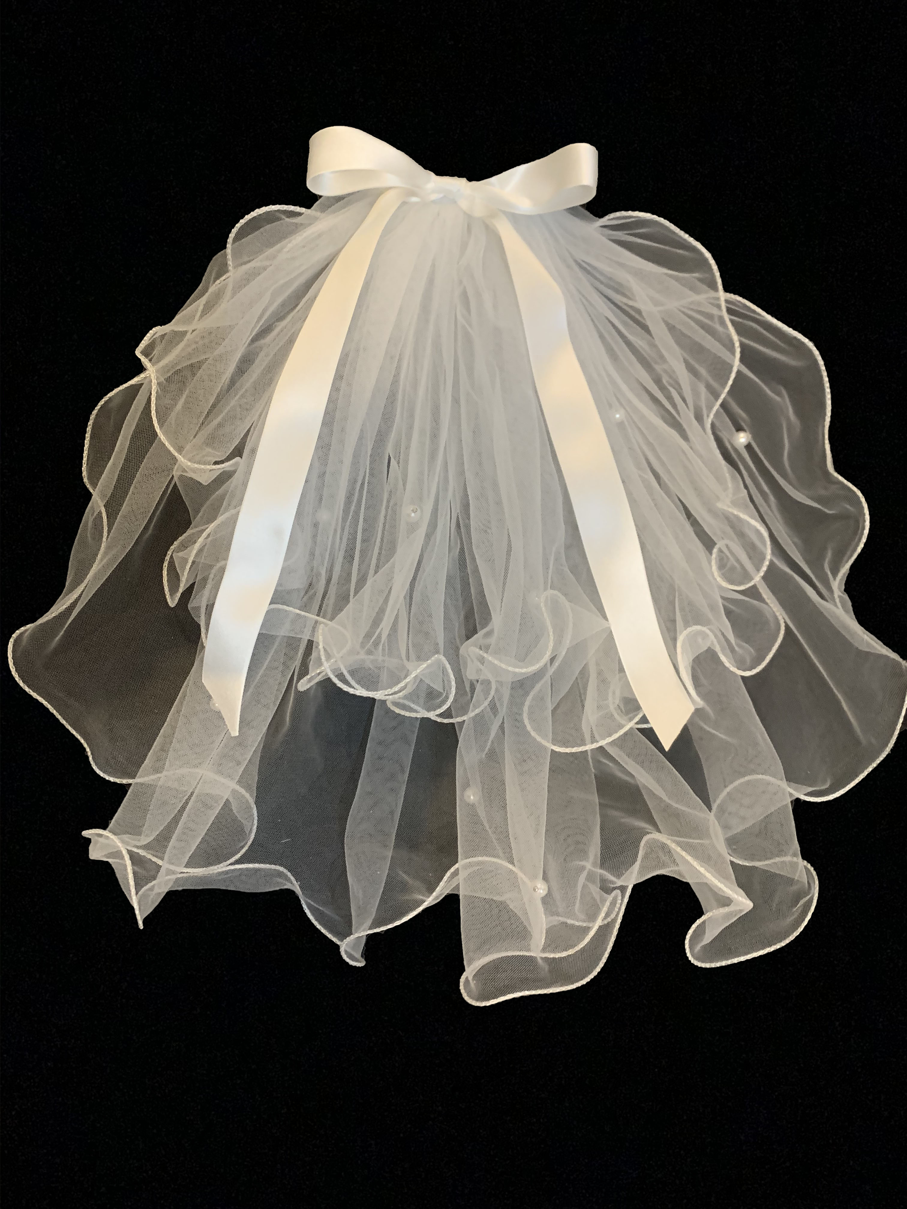 新娘婚纱珍珠头纱双层摄影道具亲子照公主小头纱头饰 儿童白色短款