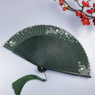 随身古典中国风汉服旗袍折叠小扇子 扇子夏天便携古风绿色折扇女式