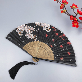 古风折扇夏季 女随身真丝小竹扇日式 汉服流苏折叠扇子 樱花和风古装