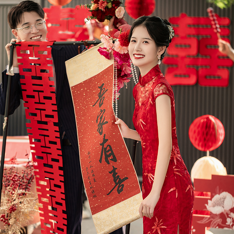 苏爱 礼服高级感短袖 红色旗袍敬酒服女改良订婚新娘女中式 红竹