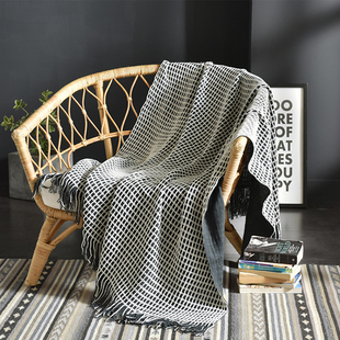 北欧沙发搭毯黑白格子华夫格床尾巾 现代简约轻奢床搭巾毯子美式