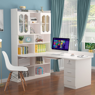 桌书柜一体家用儿童卧室拐角学习桌 实木转角书桌书架组合电脑台式