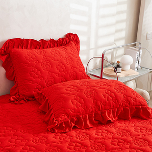 加厚花边枕皮枕头套子 A类大豆夹棉绗缝枕套结婚红色48x74cm一对装
