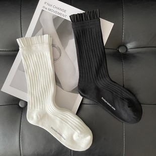 秋堆堆袜 纯色黑白双针抽条中筒袜日系三宅风格 百褶边文艺个性