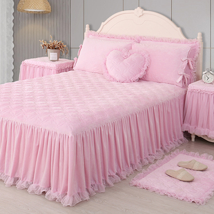 巧致生活雪绒花粉色单件床裙床罩水晶绒加厚公主风2022新款