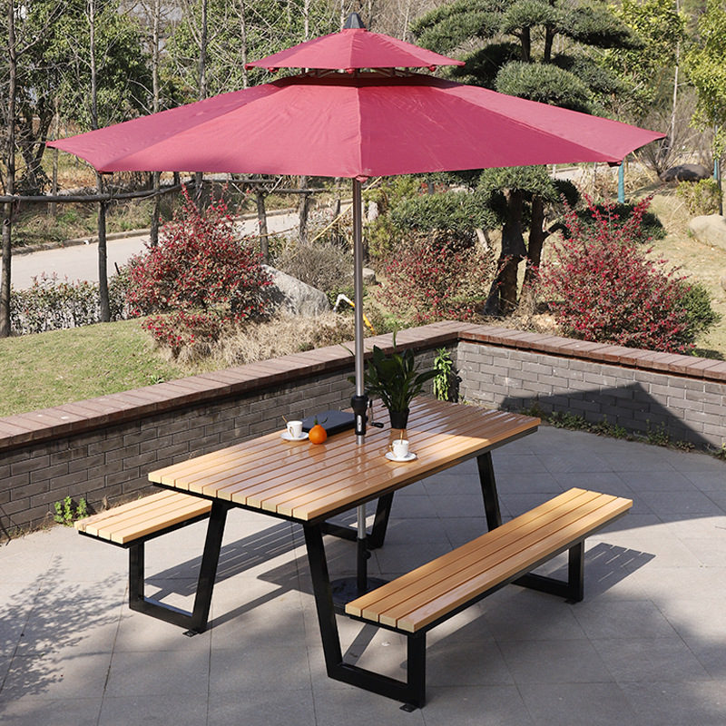 户外铁艺创意桌凳铝合金防晒防雨连体桌带遮阳伞露台花园露天桌椅