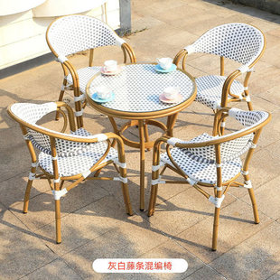 桌椅阳台藤编椅藤椅三件套咖啡厅奶茶店民宿室外复古餐椅 户外法式