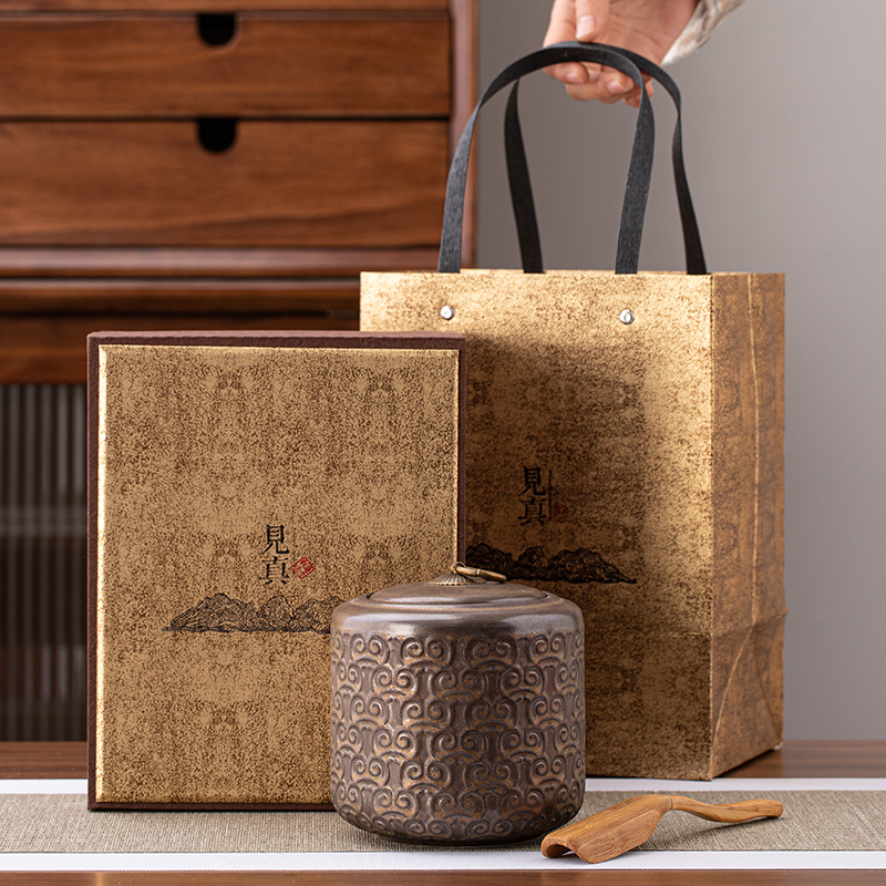 空盒龙井绿茶普洱红茶套陶瓷罐空茶盒 复古陶瓷茶叶罐礼盒包装 中式