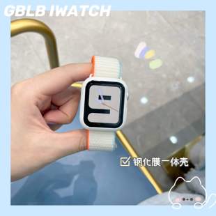 watchS8尼龙回环魔术贴配钢化膜壳6SE543 适用苹果手表表带7apple