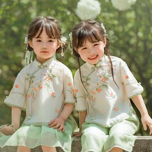 中国风古装 微雨 套装 汉服女童夏款 洋气改良旗袍儿童宝宝唐装 短袖
