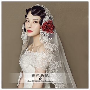 新款 旅拍蕾丝头纱短款 网红拍照写真软头纱 新娘结婚婚纱头纱韩式