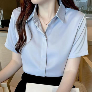 宽松白衬衣 设计感小众雪纺上衣韩版 短袖 职业装 女2024夏季 蓝色衬衫