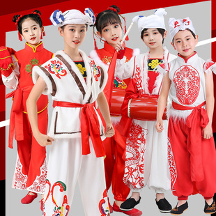 男女陕西民歌中小学生打鼓秧歌演出服 儿童安塞腰鼓服陕北民族服装