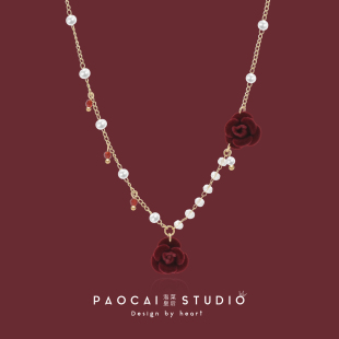 小众设计感珍珠项链颈链 复古风植绒玫瑰花朵锁骨链女个性 原创法式