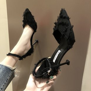 少女百搭黑色细跟法式 高跟鞋 设计感单鞋 女2023春季 一字扣尖头凉鞋