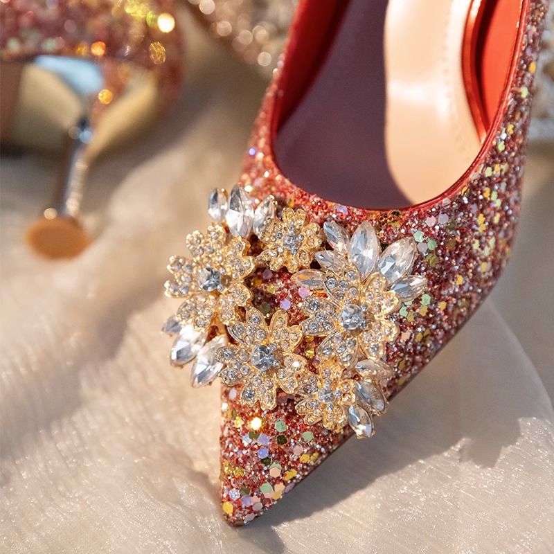 女 结婚新娘鞋 子水晶法式 高跟鞋 红色秀禾婚纱两穿2024年新款 主婚鞋