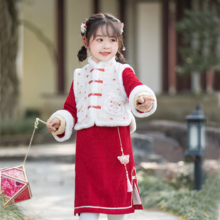 红色中国风新年宝宝过年连衣裙 儿童马甲新款 女童旗袍拜年服冬季