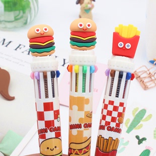 食玩便利店10色圆珠笔饮料造型按动多色手账专用汉堡薯条十色笔