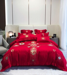棉新婚四件套大红单被套结婚房床上用品风景120支婚庆床品套件