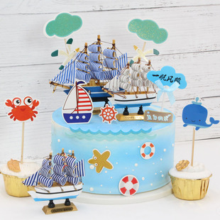 帆船蛋糕装 帆船蛋糕生日蛋糕装 海洋主题沙滩美人鱼插牌 饰 饰摆件